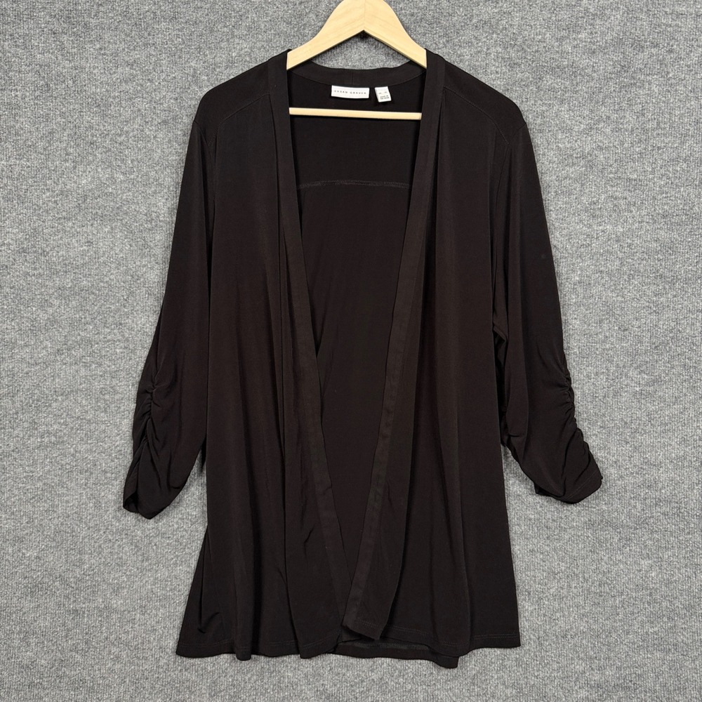 Susan Graver Womens Size XL Cardigan‎ Black Ruched Sleeves Open Front Stretchy